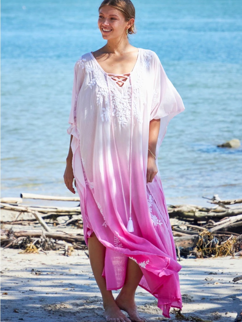 Ombre Pink Tie-Neck Beach Caftan Cover-Up